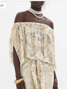 Camilla Off-Shoulder Printed Blouse in Sage, Cream and Peach